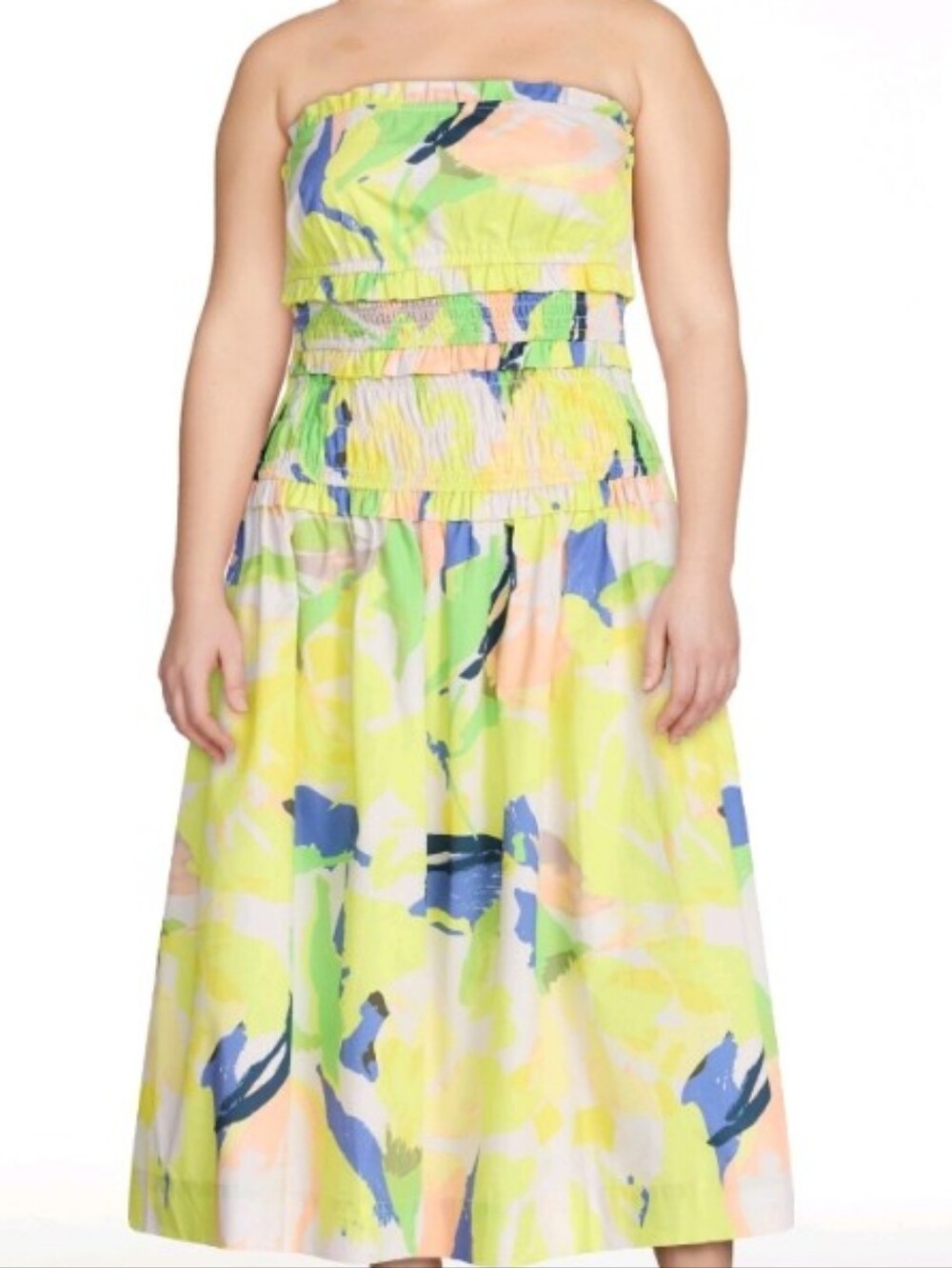 Free Assembly Yellow Multi Abstract Floral Strapless Smocked Dress NWT Large